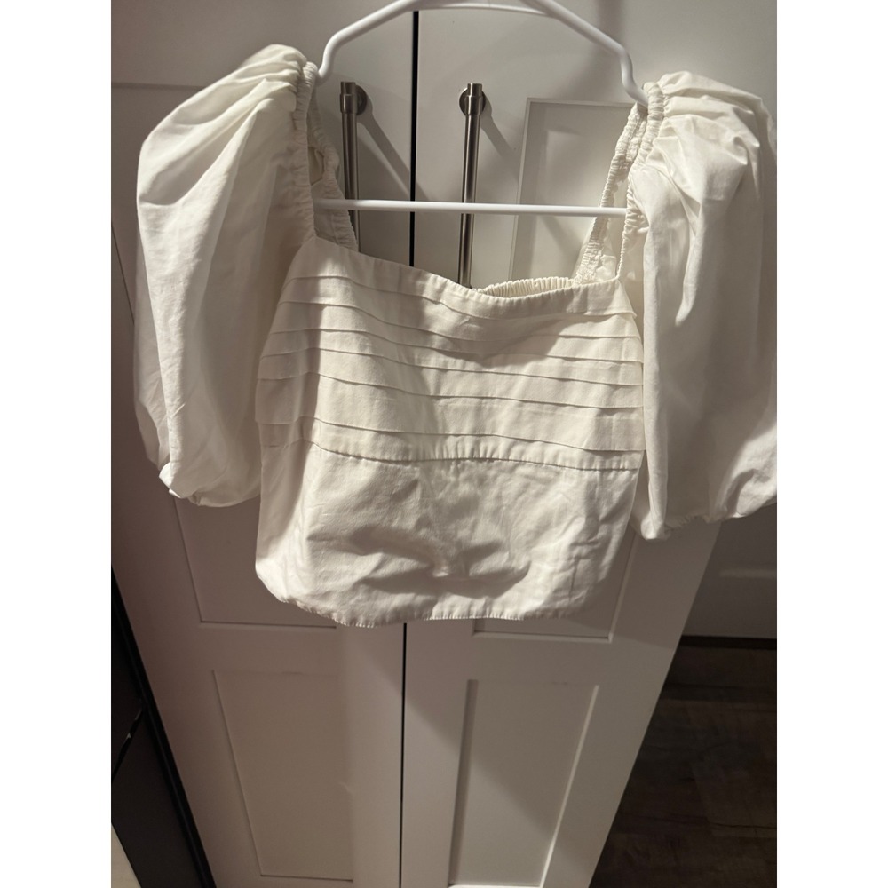 Abercrombie‎ & Fitch White Puff Sleeve Smocked Back Pleated Crop Top Small